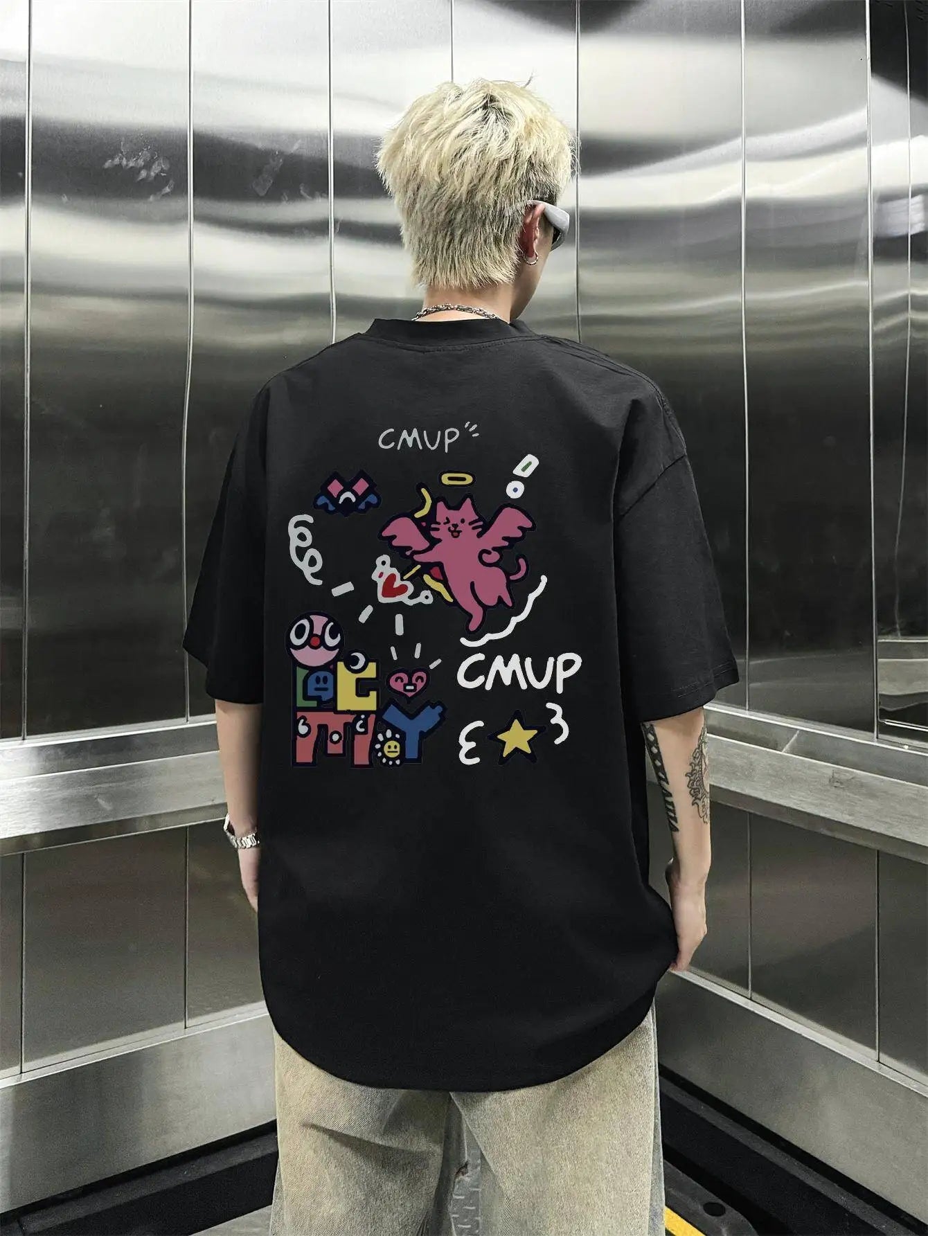 Men's Loose 100% Cotton Cat Cupid Graphic T-shirt Casual Short Sleeve Crew Neck Tee Male Funny Clothing For Summer Outdoor Royal Drip