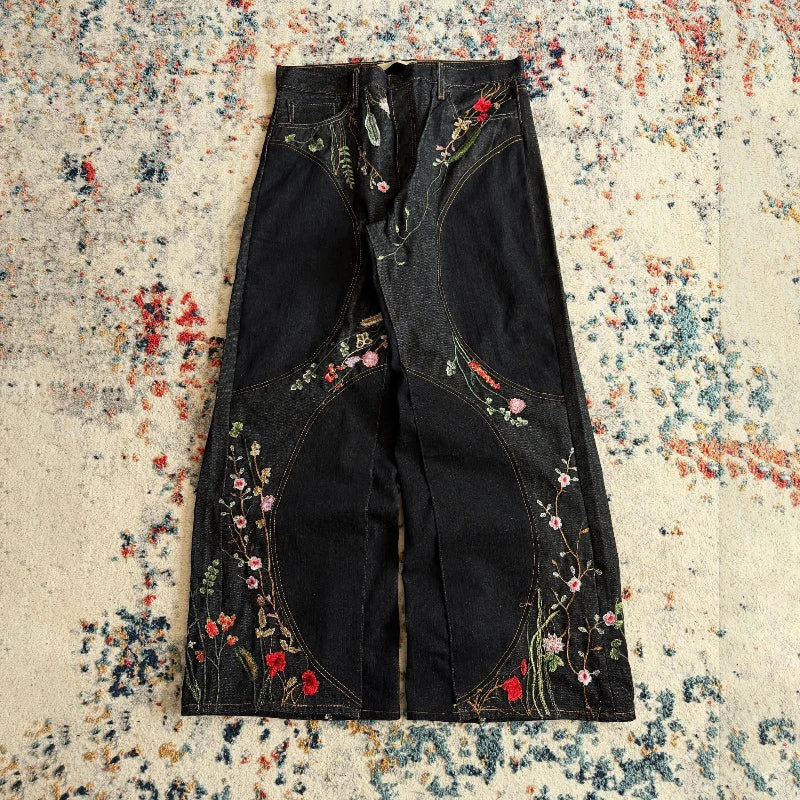 Y2K Blossom Baggy Jeans Trendy Floral Embroidery Streamlined Seams Unisex Streetwear Retro Harajuku Style Oversized Fit Pants Royal Drip