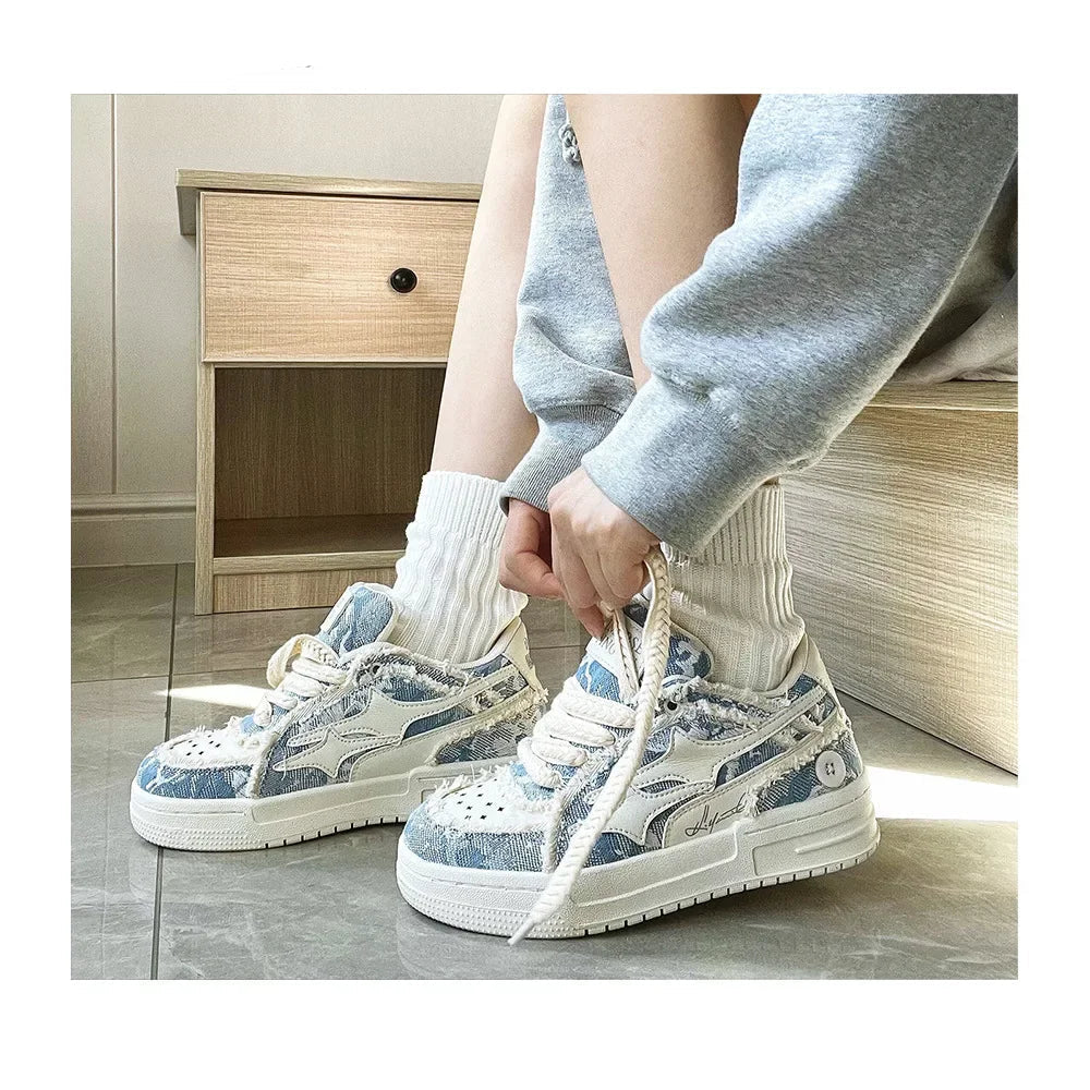 Trendy Guangzhou Shoes Autumn/Winter Men's Denim Breathable Board Shoes Korean Style Waterproof Couple Shoes Rubber Sole Lightwe Royal Drip