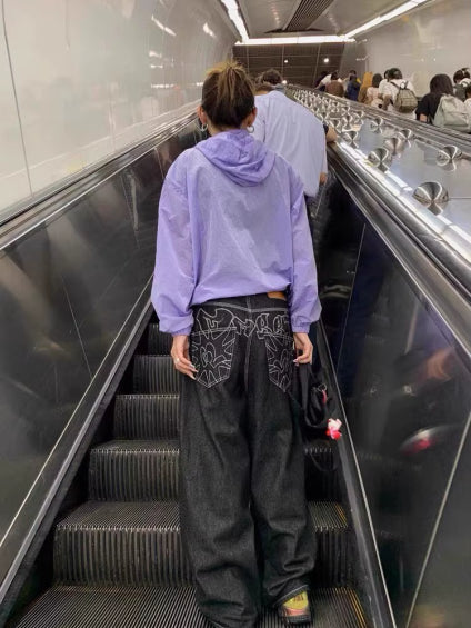HOUZHOU Vintage Embroidery Black Jeans Women Oversized Streetwear Grunge Y2k Baggy Denim Trousers Boyfriend Jeans Hip Hop Gothic Royal Drip
