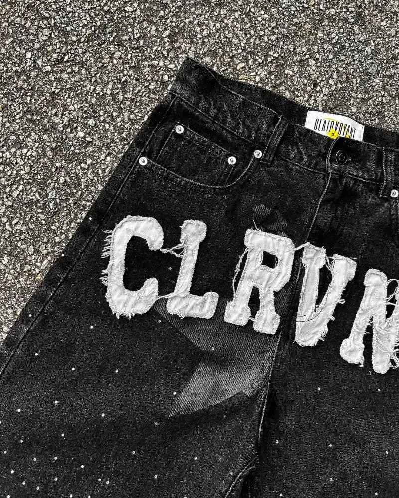 Y2k Harajuku Street Fashion Beaded Letter Embroidery Oversized Denim Shorts Men High Street Fashion Brand High Waist Jeans Women Royal Drip