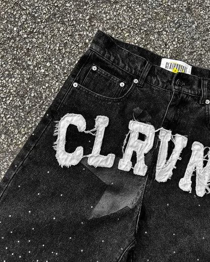 Y2k Harajuku Street Fashion Beaded Letter Embroidery Oversized Denim Shorts Men High Street Fashion Brand High Waist Jeans Women Royal Drip