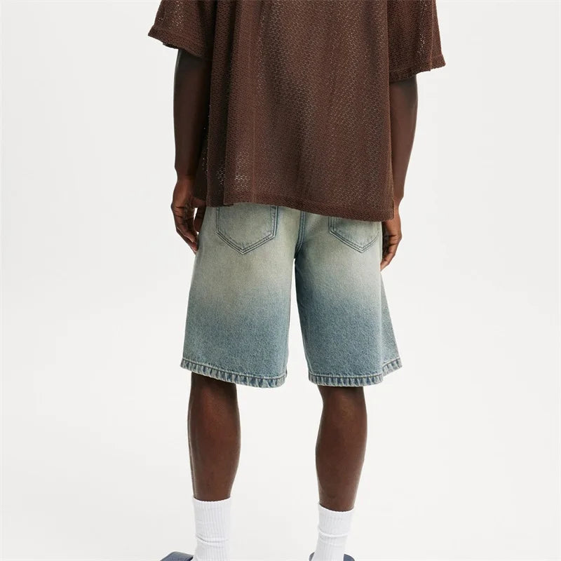 Casual Men's Knee Length Denim Shorts Fashion High Waist Loose Fit Baggy Jean Shorts for Summer Daily Streetwear Royal Drip