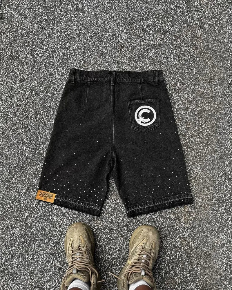 Y2k Harajuku Street Fashion Beaded Letter Embroidery Oversized Denim Shorts Men High Street Fashion Brand High Waist Jeans Women Royal Drip