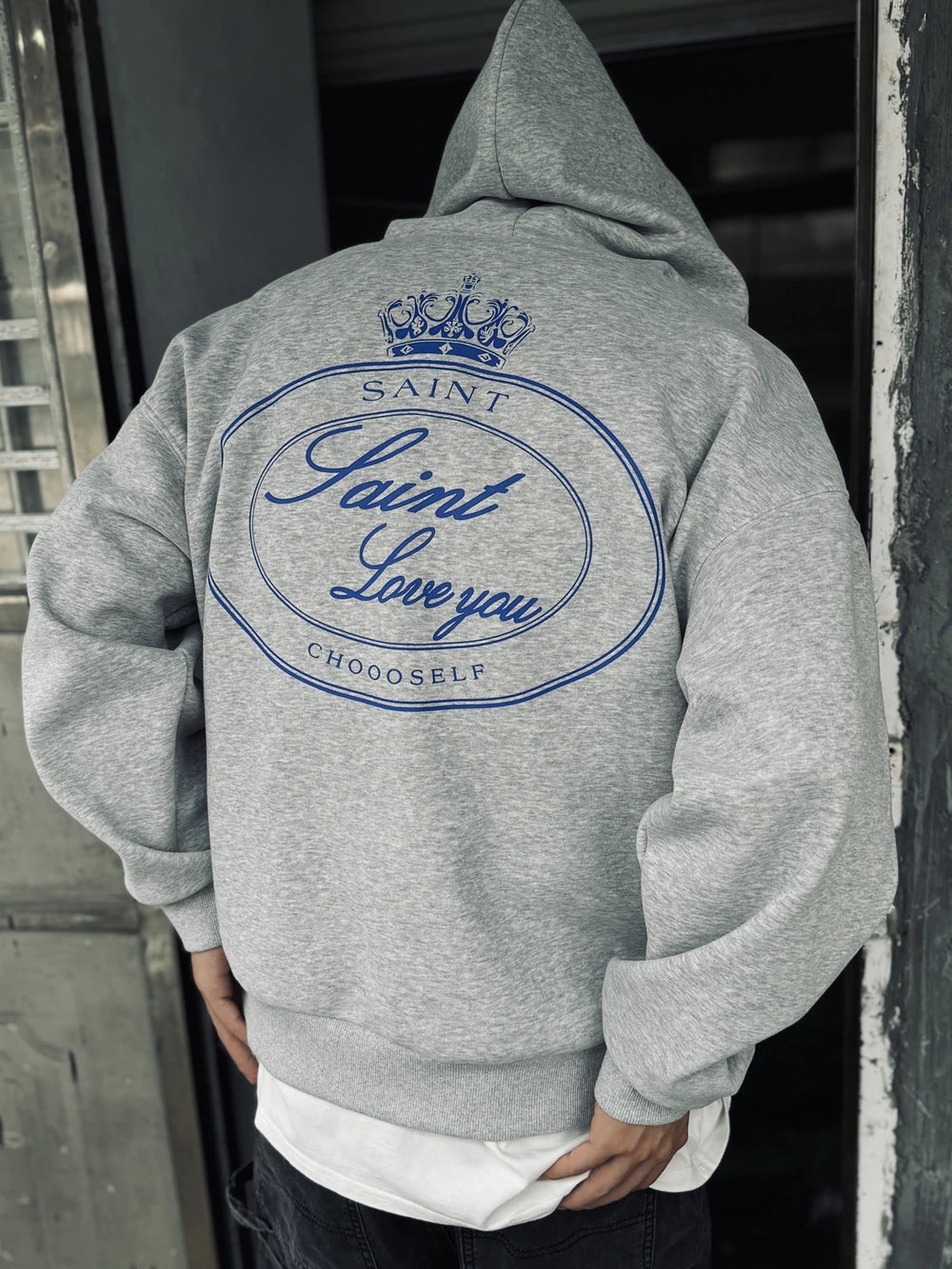 Yao Fashion  SAINT OF MICHAEL Zipper Casual Fleece Unisex Coat Loose Vintage Simple Graphics Print Streetwear Men Hooded Jacket Royal Drip