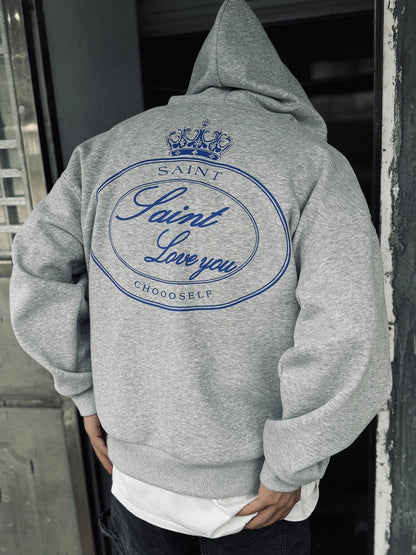 Yao Fashion  SAINT OF MICHAEL Zipper Casual Fleece Unisex Coat Loose Vintage Simple Graphics Print Streetwear Men Hooded Jacket Royal Drip
