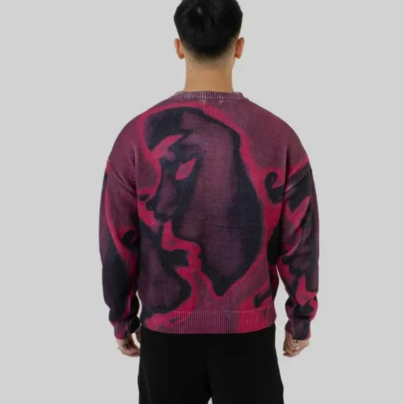 Y2K Street American Cool Fashion Printed Portrait Autumn/Winter Round Neck Loose Sweater Knitted Sweater Royal Drip