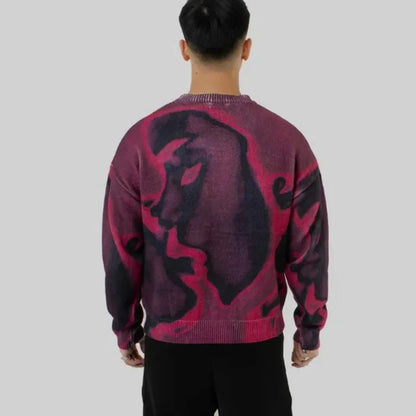 Y2K Street American Cool Fashion Printed Portrait Autumn/Winter Round Neck Loose Sweater Knitted Sweater Royal Drip