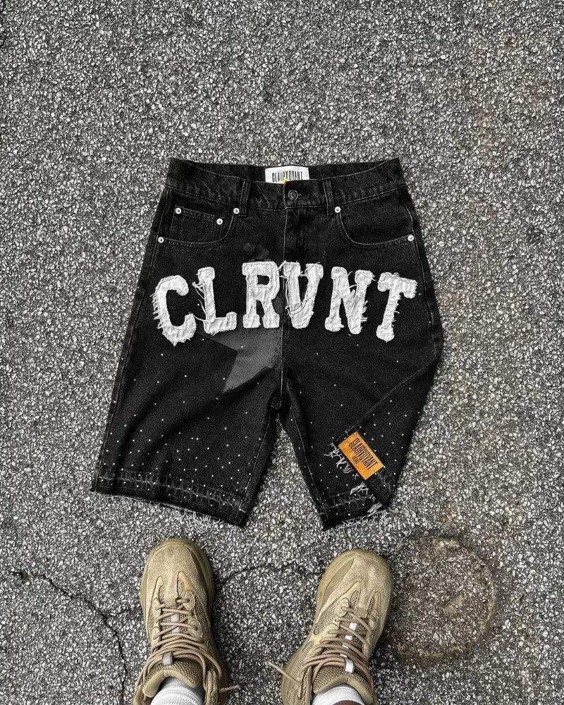 Y2k Harajuku Street Fashion Beaded Letter Embroidery Oversized Denim Shorts Men High Street Fashion Brand High Waist Jeans Women Royal Drip