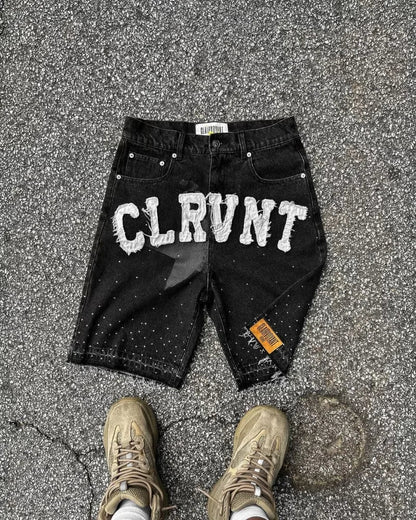 Y2k Harajuku Street Fashion Beaded Letter Embroidery Oversized Denim Shorts Men High Street Fashion Brand High Waist Jeans Women Royal Drip