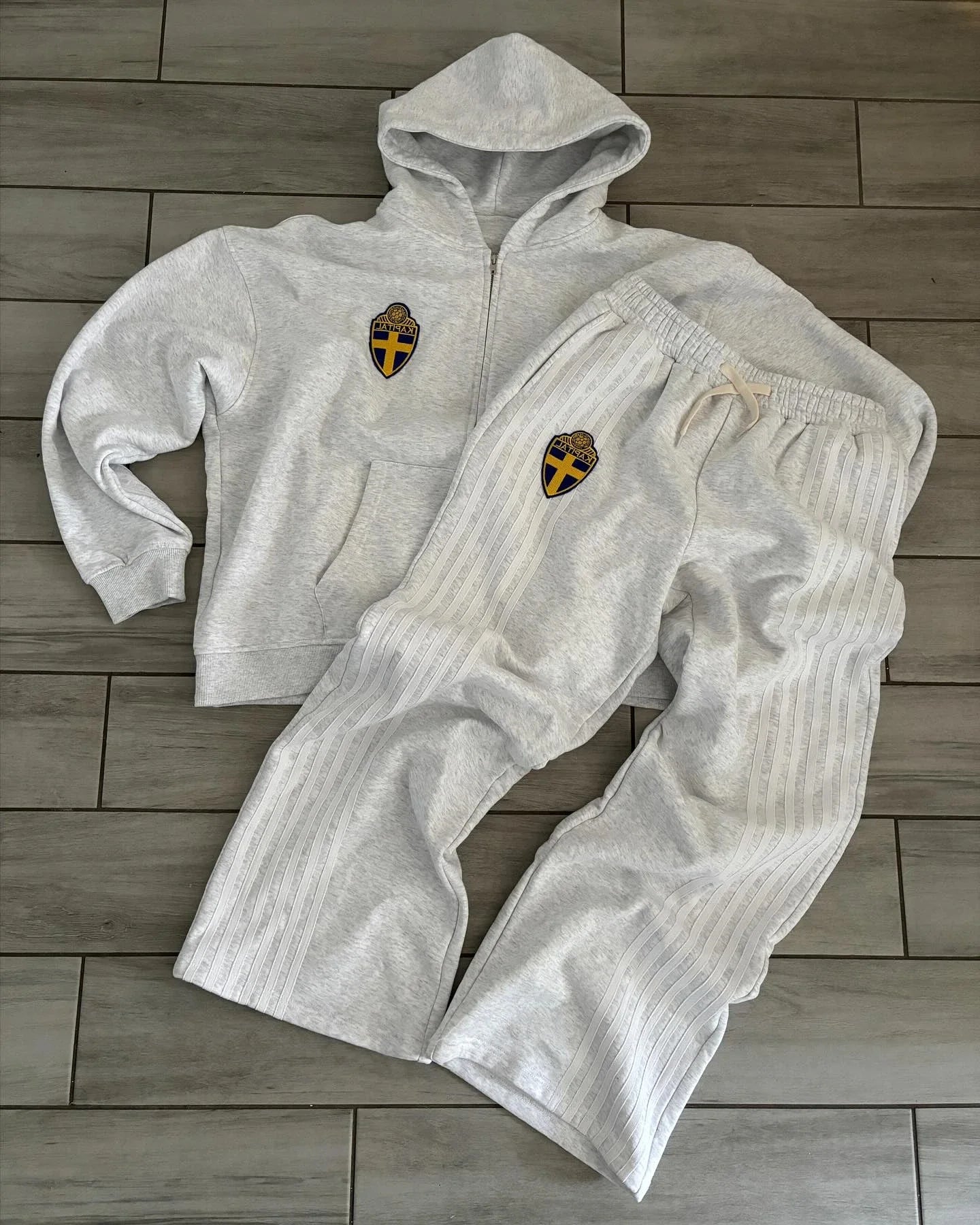 Retro Striped Embroidered Zip Hoody Sweatpants Set Mens Two Piece Set Hip Hop Embroidered Oversized SweatshirtCasual Pants Set Royal Drip