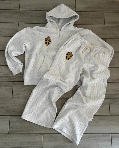 Retro Striped Embroidered Zip Hoody Sweatpants Set Mens Two Piece Set Hip Hop Embroidered Oversized SweatshirtCasual Pants Set Royal Drip
