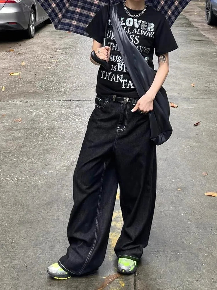 HOUZHOU Vintage Embroidery Black Jeans Women Oversized Streetwear Grunge Y2k Baggy Denim Trousers Boyfriend Jeans Hip Hop Gothic Royal Drip