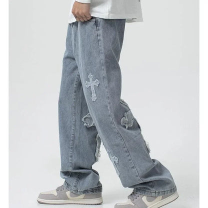 Autumn Fashion Trousers Cross Denim Pants Streetwear Hip Hop Low Rise Baggy Jeans For  Korean Y2k Women Cargo Pants Royal Drip