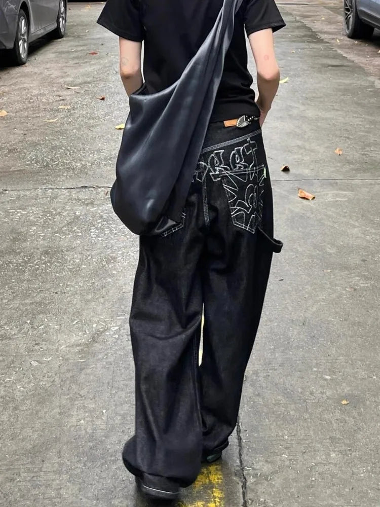 HOUZHOU Vintage Embroidery Black Jeans Women Oversized Streetwear Grunge Y2k Baggy Denim Trousers Boyfriend Jeans Hip Hop Gothic Royal Drip
