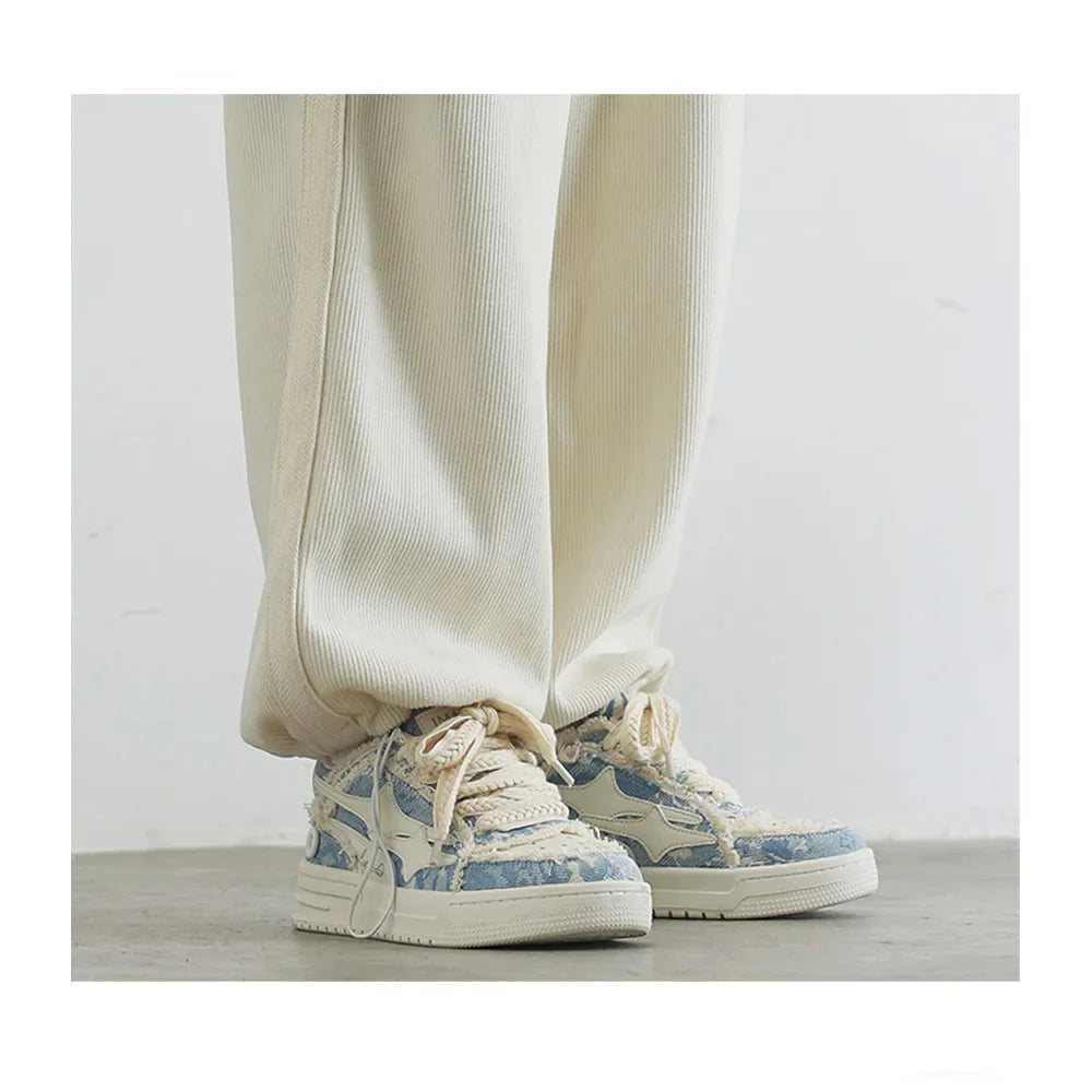 Trendy Guangzhou Shoes Autumn/Winter Men's Denim Breathable Board Shoes Korean Style Waterproof Couple Shoes Rubber Sole Lightwe Royal Drip