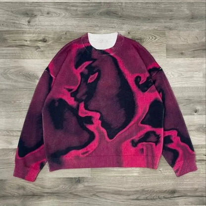 Y2K Street American Cool Fashion Printed Portrait Autumn/Winter Round Neck Loose Sweater Knitted Sweater Royal Drip