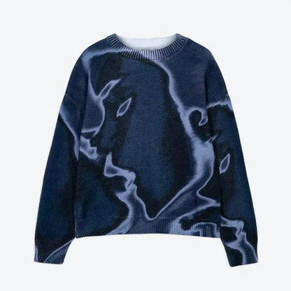 Y2K Street American Cool Fashion Printed Portrait Autumn/Winter Round Neck Loose Sweater Knitted Sweater Royal Drip