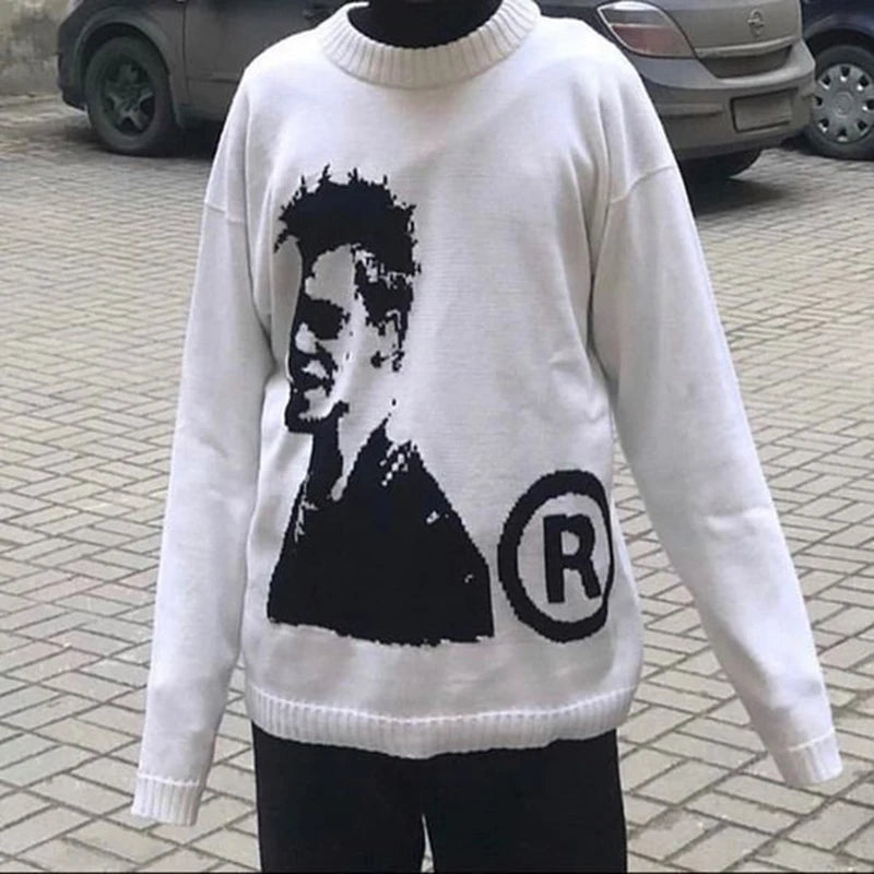 Men's sweaters Fashion Y2K Knitted Warm Loose Casual Portrait Print Long Sleeve Pullover Hip Hop Knitted Graphic Sweater Royal Drip