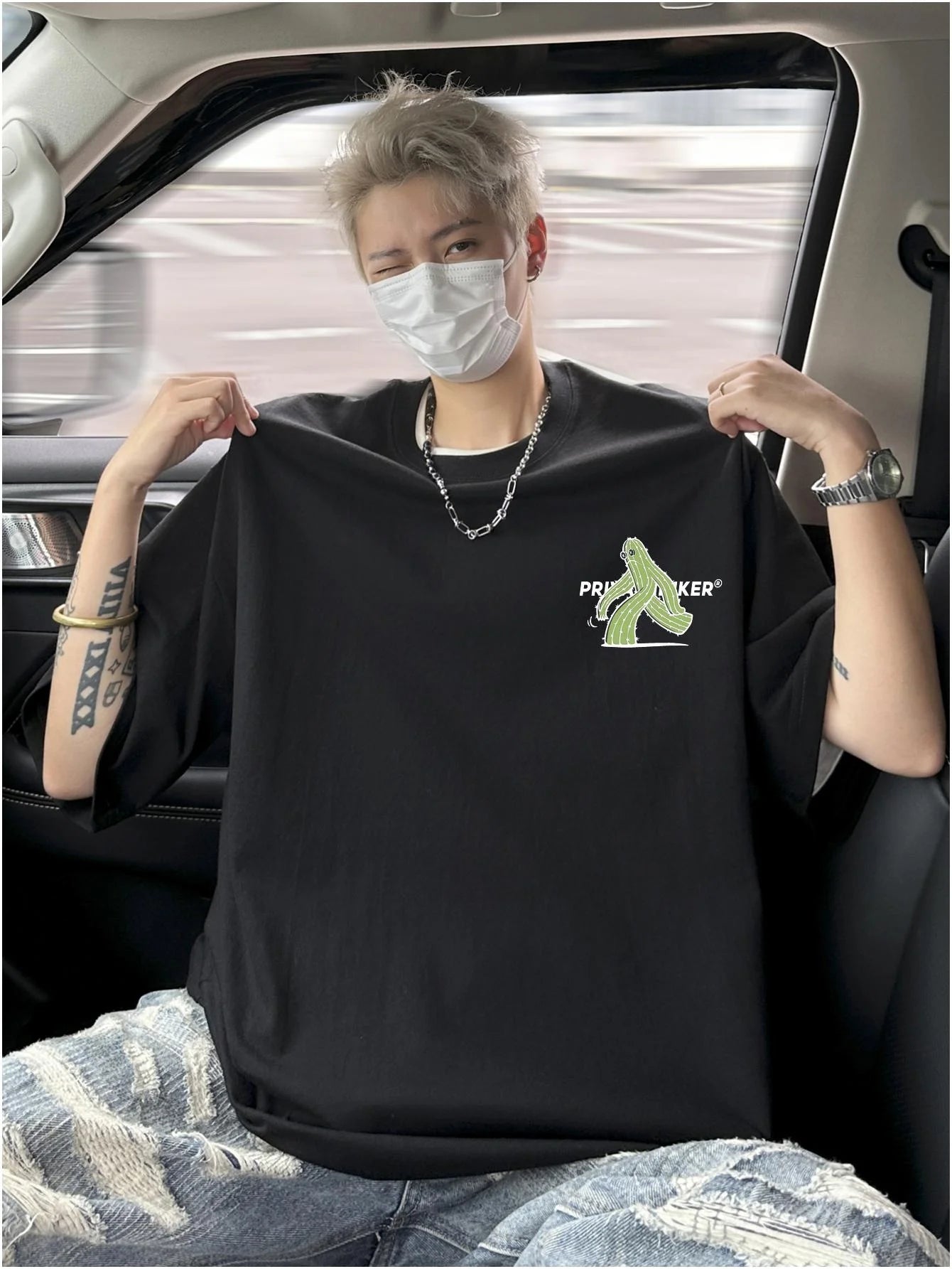 Oversize Fashion Men T-shirts Kpop Unisex Upset Cacti Print Tees Short Sleeve Summer Casual Male Clothing Tops Harajuku Royal Drip