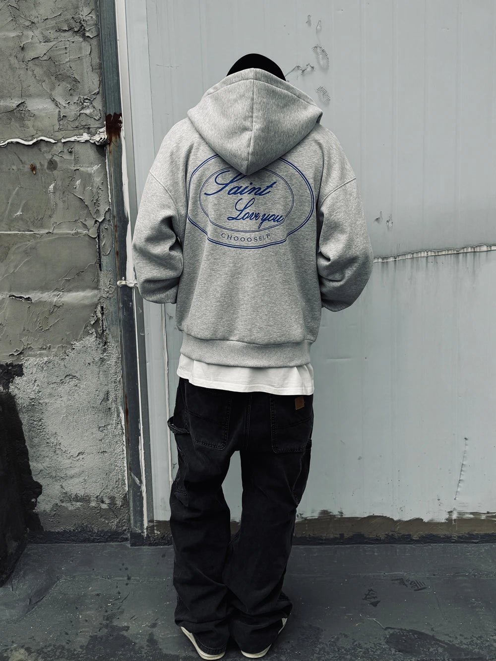 Yao Fashion  SAINT OF MICHAEL Zipper Casual Fleece Unisex Coat Loose Vintage Simple Graphics Print Streetwear Men Hooded Jacket Royal Drip