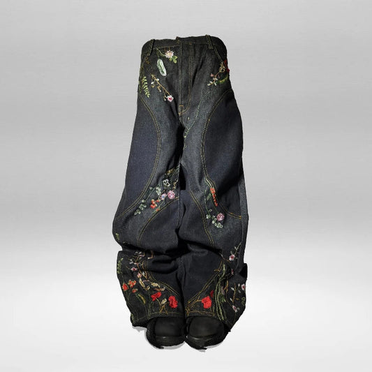 Y2K Blossom Baggy Jeans Trendy Floral Embroidery Streamlined Seams Unisex Streetwear Retro Harajuku Style Oversized Fit Pants Royal Drip