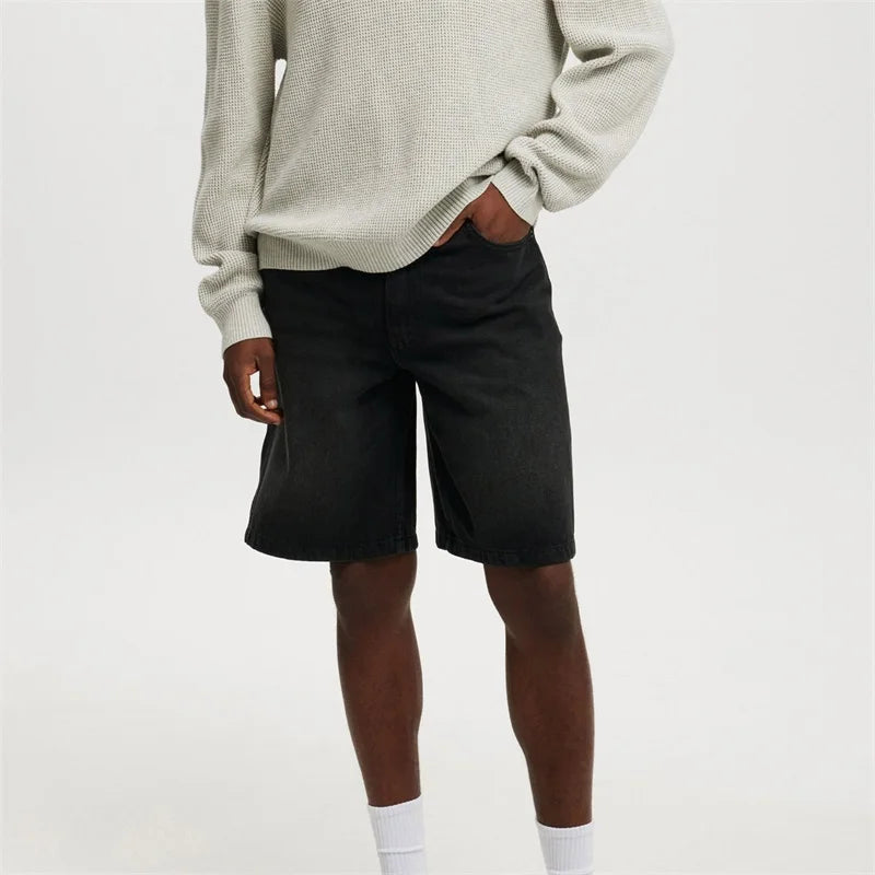 Casual Men's Knee Length Denim Shorts Fashion High Waist Loose Fit Baggy Jean Shorts for Summer Daily Streetwear Royal Drip