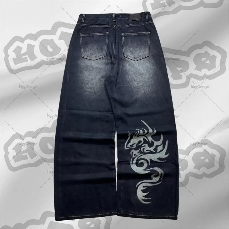 Trendy High Street Hip-hop Streetwear Trousers American Retro Washing Baggy Jeans Men Harajuku Y2K Casual Loose Straight Pants Royal Drip