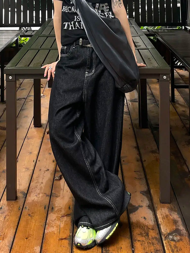HOUZHOU Vintage Embroidery Black Jeans Women Oversized Streetwear Grunge Y2k Baggy Denim Trousers Boyfriend Jeans Hip Hop Gothic Royal Drip