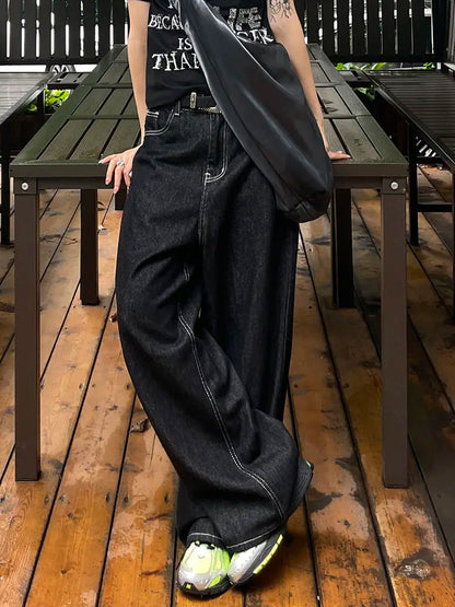 HOUZHOU Vintage Embroidery Black Jeans Women Oversized Streetwear Grunge Y2k Baggy Denim Trousers Boyfriend Jeans Hip Hop Gothic Royal Drip