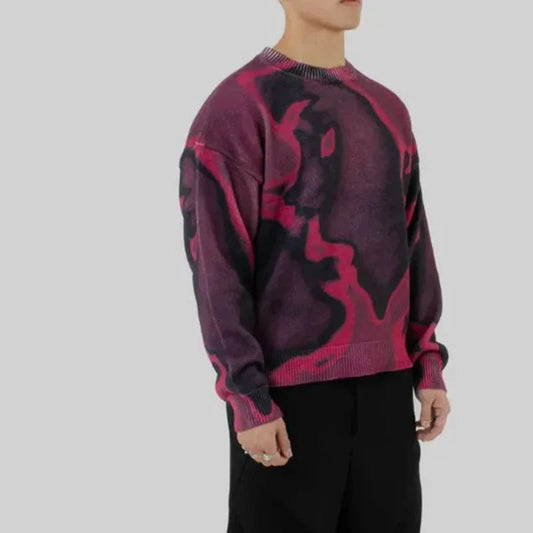 Y2K Street American Cool Fashion Printed Portrait Autumn/Winter Round Neck Loose Sweater Knitted Sweater Royal Drip