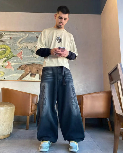 Trendy High Street Hip-hop Streetwear Trousers American Retro Washing Baggy Jeans Men Harajuku Y2K Casual Loose Straight Pants Royal Drip