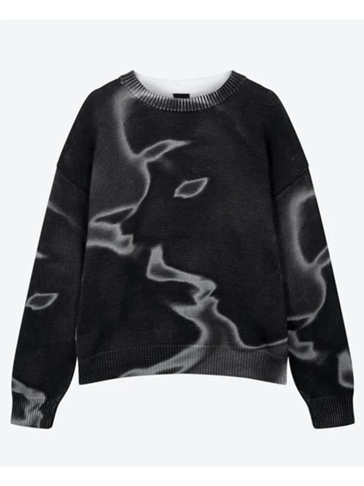 Y2K Street American Cool Fashion Printed Portrait Autumn/Winter Round Neck Loose Sweater Knitted Sweater Royal Drip