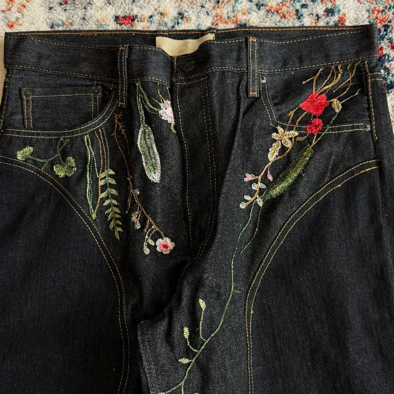 Y2K Blossom Baggy Jeans Trendy Floral Embroidery Streamlined Seams Unisex Streetwear Retro Harajuku Style Oversized Fit Pants Royal Drip