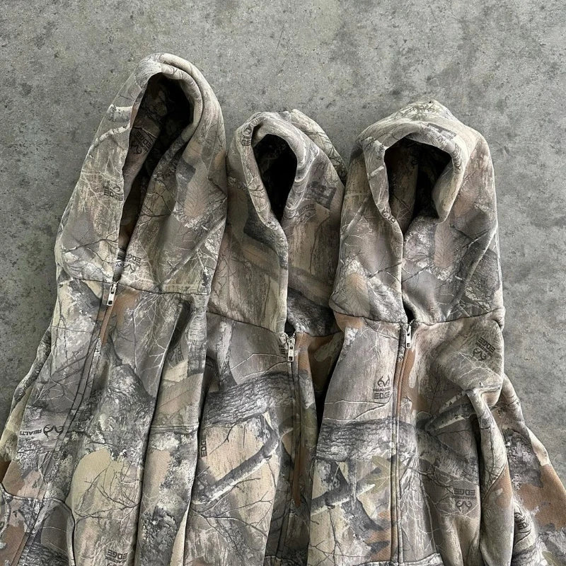 Y2K Retro zip up Hoodie Men Camouflage Pattern zipper Sweatshirt High Street Hip Hop Streetwear Oversized Unisex Camo Hoodie Royal Drip