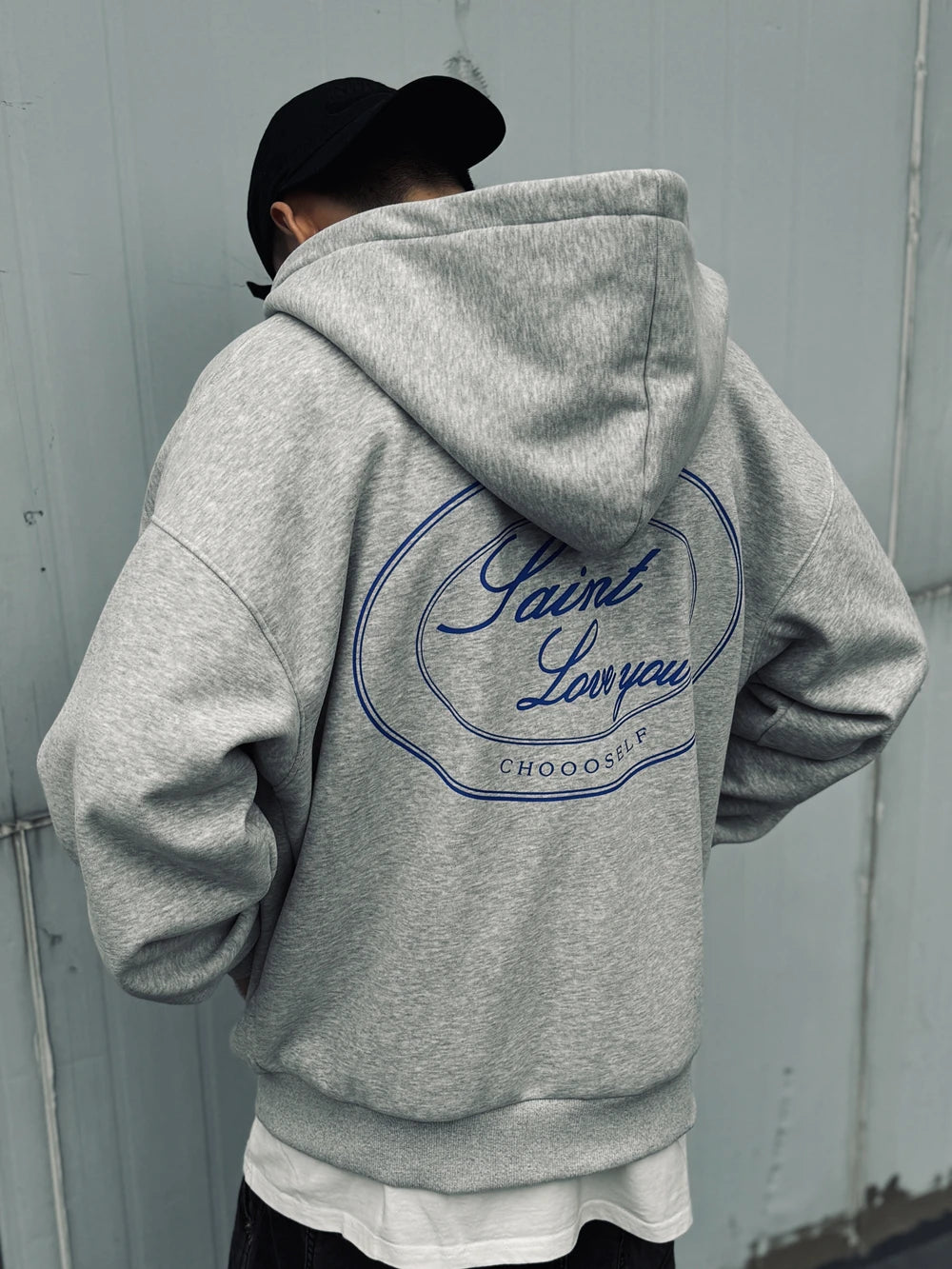 Yao Fashion  SAINT OF MICHAEL Zipper Casual Fleece Unisex Coat Loose Vintage Simple Graphics Print Streetwear Men Hooded Jacket Royal Drip