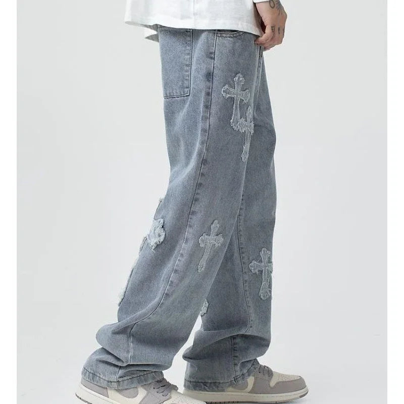 Autumn Fashion Trousers Cross Denim Pants Streetwear Hip Hop Low Rise Baggy Jeans For  Korean Y2k Women Cargo Pants Royal Drip