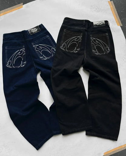 2024 New American Retro Ornaments Embroidered Baggy Black Jeans Men Women Y2K Gothic Hip-hop Straight Denim Pants Streetwear Royal Drip
