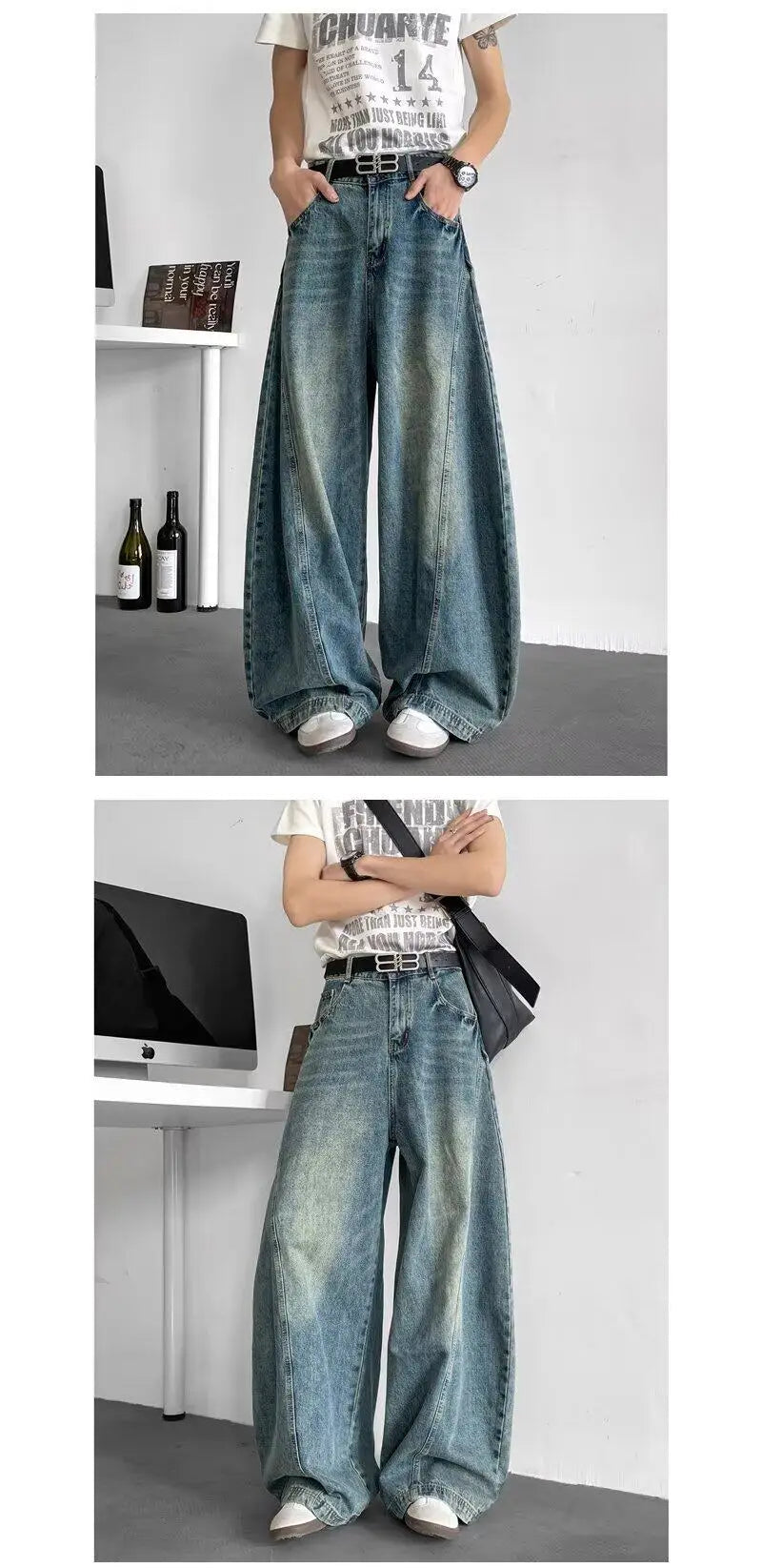 Men Baggy Jeans Wide Leg Unisex Streetwear Hip Hop Dance Pants Loose Fit Trousers Oversized Urban Jogger Street Dance Clothing Royal Drip