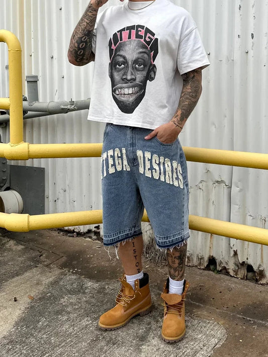 Y2k Streetwear New Shorts Harajuku Hip-hop Letter Patch Denim Shorts Men Women Retro Fashion Oversized Basketball Sports Shorts Royal Drip