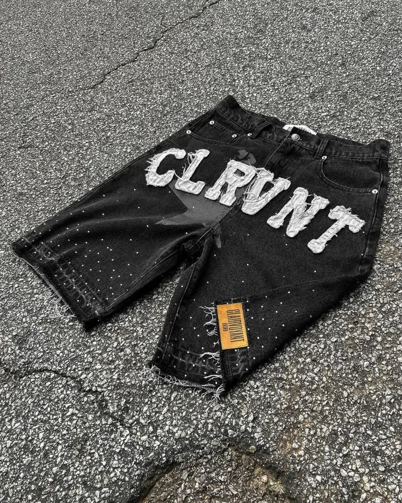 Y2k Harajuku Street Fashion Beaded Letter Embroidery Oversized Denim Shorts Men High Street Fashion Brand High Waist Jeans Women Royal Drip