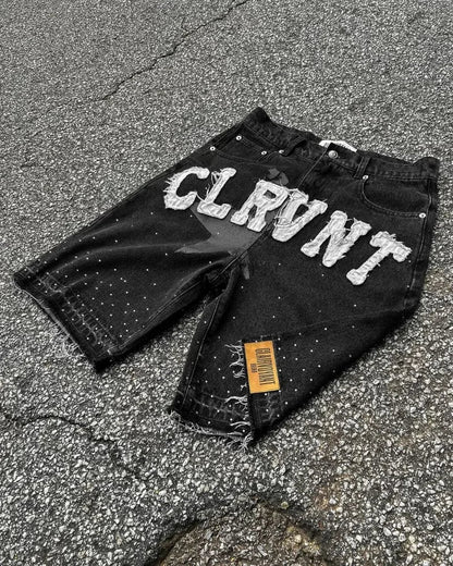 Y2k Harajuku Street Fashion Beaded Letter Embroidery Oversized Denim Shorts Men High Street Fashion Brand High Waist Jeans Women Royal Drip