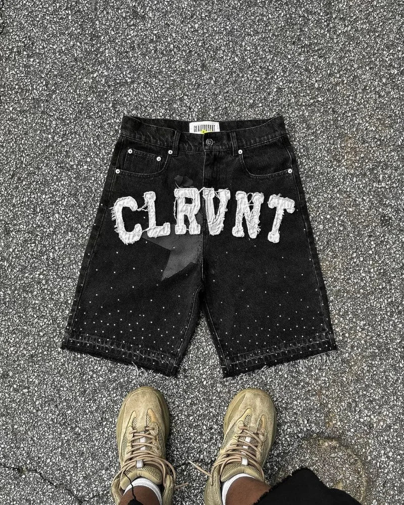 Y2k Harajuku Street Fashion Beaded Letter Embroidery Oversized Denim Shorts Men High Street Fashion Brand High Waist Jeans Women Royal Drip