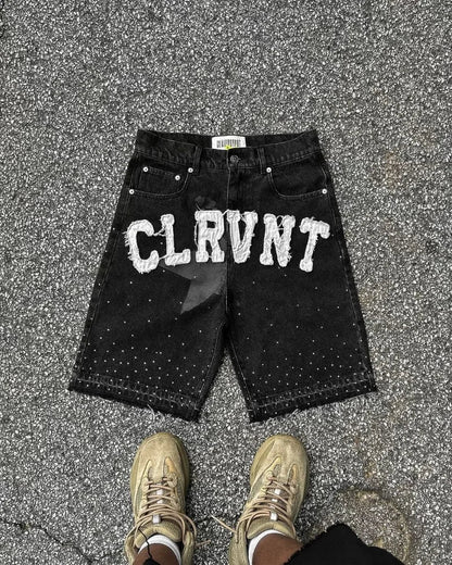 Y2k Harajuku Street Fashion Beaded Letter Embroidery Oversized Denim Shorts Men High Street Fashion Brand High Waist Jeans Women Royal Drip