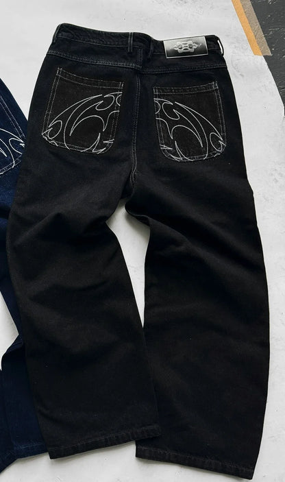 2024 New American Retro Ornaments Embroidered Baggy Black Jeans Men Women Y2K Gothic Hip-hop Straight Denim Pants Streetwear Royal Drip