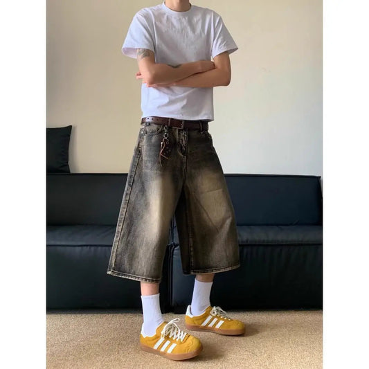 American retro cropped men wide leg jeans Y2k Gothic washed loose straight casual couple shorts sweatpants Royal Drip