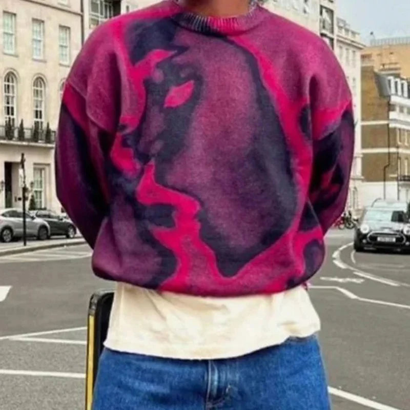 Y2K Street American Cool Fashion Printed Portrait Autumn/Winter Round Neck Loose Sweater Knitted Sweater Royal Drip