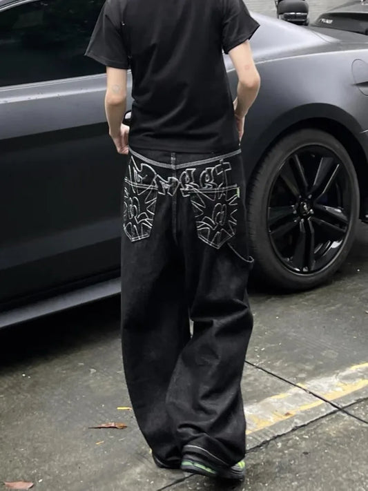 HOUZHOU Vintage Embroidery Black Jeans Women Oversized Streetwear Grunge Y2k Baggy Denim Trousers Boyfriend Jeans Hip Hop Gothic Royal Drip