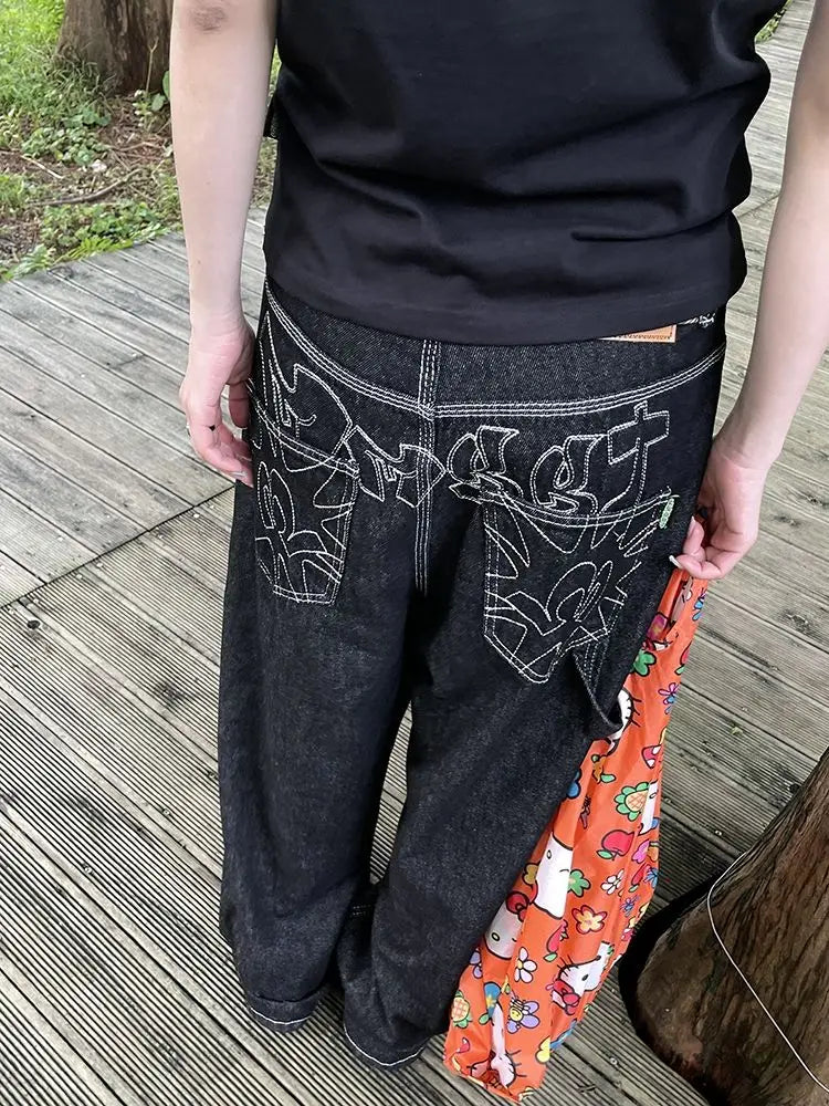 HOUZHOU Vintage Embroidery Black Jeans Women Oversized Streetwear Grunge Y2k Baggy Denim Trousers Boyfriend Jeans Hip Hop Gothic Royal Drip