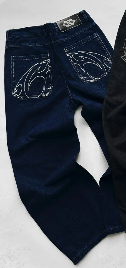 2024 New American Retro Ornaments Embroidered Baggy Black Jeans Men Women Y2K Gothic Hip-hop Straight Denim Pants Streetwear Royal Drip
